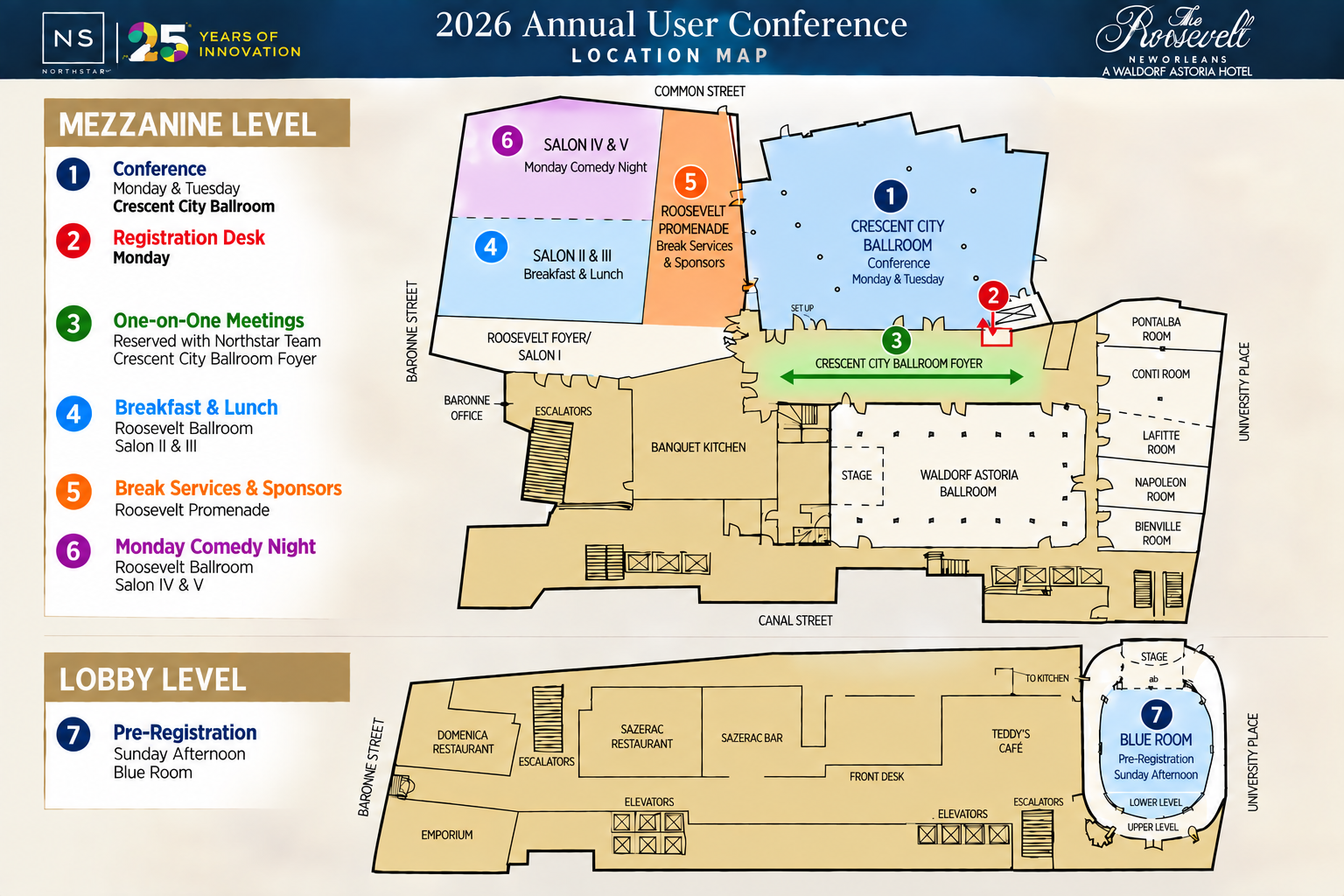 AUC 2026 location map — Mezzanine Level: Crescent City Ballroom (conference), Registration Desk, One-on-One Meetings, Salon II & III (breakfast & lunch), Roosevelt Promenade (break services & sponsors), Salon IV & V (Monday comedy night). Lobby Level: Blue Room (Sunday pre-registration).